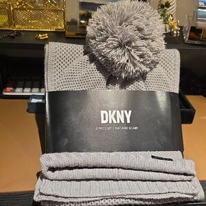 DKNY Light Gray Knit Beanie and Scarf Set with Pom